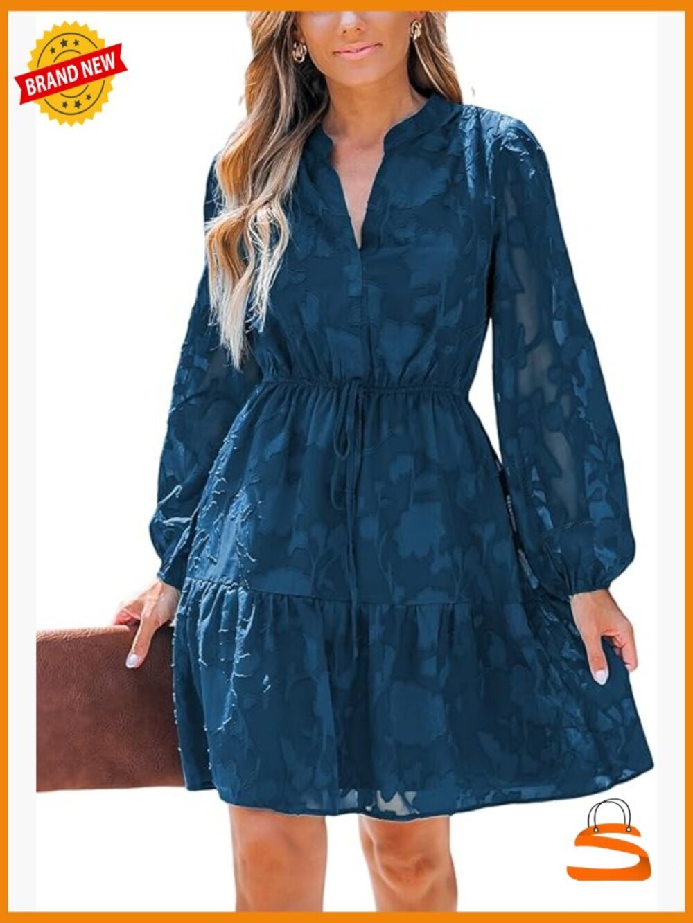 Women Ruffle Lace Mini Dress V Neck Long Puff Sleeve Elastic Waist Tie Fall